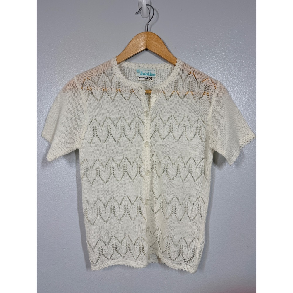 Cardigan Women's M‎ White Girlcore Balletcore Fairy Pointelle Knit Short Sleeve
